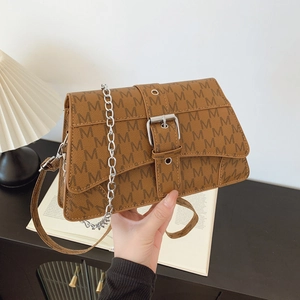 Women Vintage Letter Print Crossbody Square Bag PU Leather Small Shoulder Bag With Silver Chain Strap Fashion Streetwear Messenger Bag
