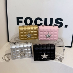 Women Chic PU Leather Quilted Mini Square Bag With Rhinestone Star Metal Chain Strap Fashion Crossbody Shoulder Bag