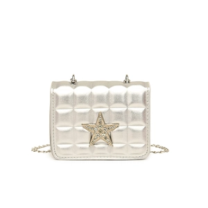 Silver quilted square crossbody bag with metallic finish and large rhinestone star buckle