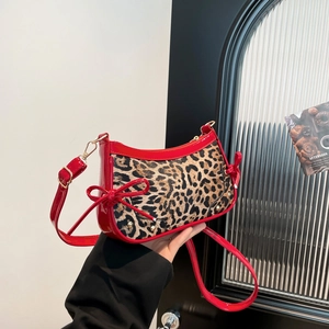 Vintage Leopard Print Underarm Bag For Women PU Leather Shoulder Bag With Patent Leather Trim Bow Detail Rivet Trendy Crossbody Handbag