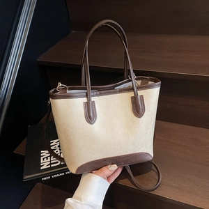 Women's Retro PU Leather Tote Bag Fashion Color Block Bucket Bag With Adjustable Shoulder Strap Daily Versatile Handbag