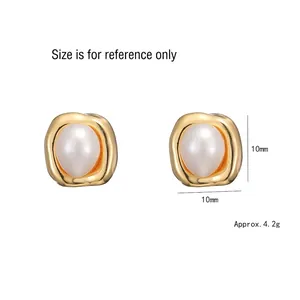 Golden irregular square earrings with freshwater pearls, 10mm outer diameter size view