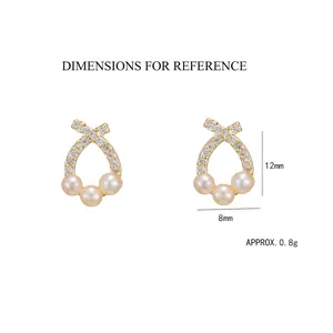 Fresh freshwater pearl stud earrings with 925 silver needles and sparkling zircon accents