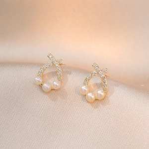 Freshwater Pearl Stud Earrings With 925 Sterling Silver Earring Post Hollow Intertwined Zircon Flower Elegant Jewelry