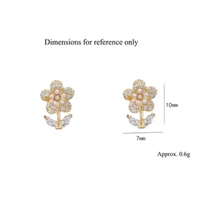 S925 silver needle pearl daisy earrings with zirconia stones, 10mm x 7mm size view