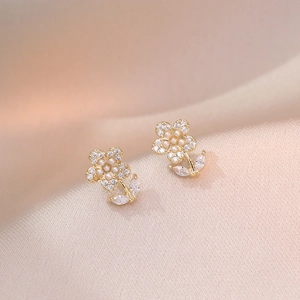 Daisy Flower Stud Earrings With 925 Sterling Silver Earring Post Freshwater Pearl Zircon Rhinestone Elegant Floral Jewelry For Women