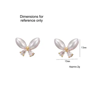 Elegant 925 silver needle butterfly stud earrings with pearls and zircon in gold finish