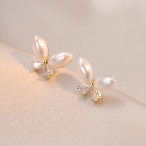 Butterfly Stud Earrings Marquise Artificial Pearl Zircon Inlay With 925 Sterling Silver Earring Post Elegant Niche Design Jewelry Women