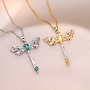 Collier Pendentif Libellule Acier Titane Avec Zircon Et Pierre Gemme Goutte D'eau Bijoux Mode Pour Femmes