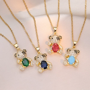 Teddy Bear Pendant Necklace Gold Plated Stainless Steel Pave Rhinestone Colorful Crystal Jewelry Gift For Women