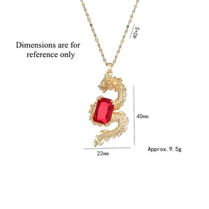 Golden dragon pendant necklace with red zircon crystal and 45cm chain dimensions