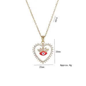Gold Evil Eye heart necklace with white zircon pavé and 40+5cm brass chain jewelry