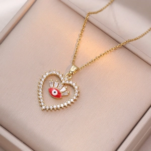 Heart Evil Eye Pendant Necklace Gold Plated Brass Cubic Zirconia Red Enamel Trendy Jewelry For Women