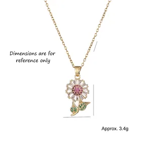 Collier tournesol avec cristal violet et feuilles vertes sur chaîne dorée