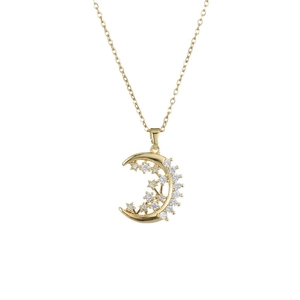 Collier élégant avec pendentif lune dorée orné de cristaux de zircone cubique