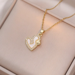 Collier Pendentif Cœur Acier Inoxydable Zircon Coquille Blanche Smiley Face Bijoux Design Femmes