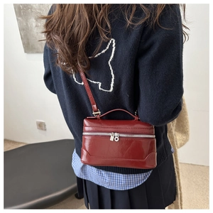 Sac boîte en cuir bordeaux porté par un modèle montrant sa taille compacte et son élégance