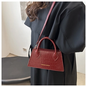 Detail of burgundy crocodile-embossed leather texture and gold FASHION lettering