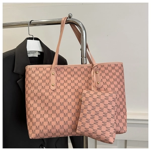 Pink tote bag with letter M monogram pattern and matching small zipper pouch set