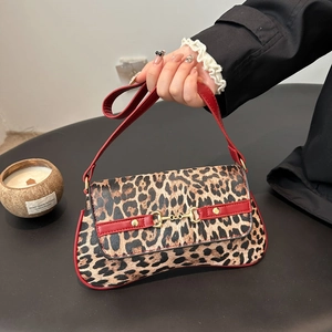 Women Leopard Print Underarm Bag Retro Baguette Shoulder Bag With Gold Horsebit Buckle PU Leather Small Square Handbag