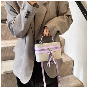 Woman carrying a beige canvas and purple leather box bag on a staircase setting