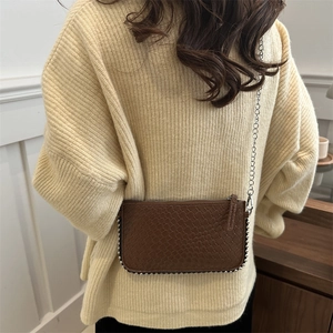 Brown woven crossbody chain bag with silver rivet trim shown on a female model