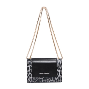 Fashionable leopard print chain crossbody bag with black faux leather and gold strap