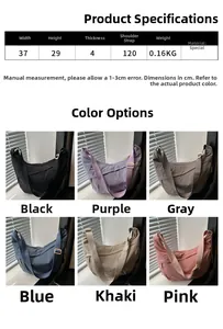 Detailed size chart and multi-color options for lightweight nylon hobo shoulder bag