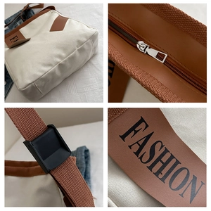 Detail shots of canvas tote with leather trim, adjustable strap, and metal zipper closure
