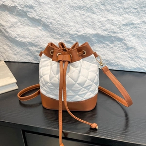 Fashion Women Quilted Bucket Bag Color-Block PU Leather Shoulder Crossbody Bag Drawstring Elegant Daily Tote Handbag