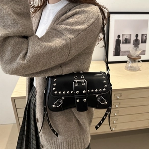 Punk style black rivet shoulder bag with metal buckle and adjustable studded strap
