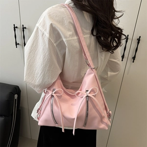 Women Fashion Bow PU Leather Shoulder Bag Large Capacity Tote Hobo Bag With Double Zippers Sweet Style Handbag For Daily Use
