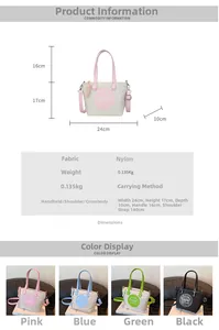 Tableau des tailles et détails du sac en nylon disponible en quatre coloris