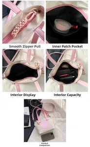 Détails du sac seau rose montrant la fermeture éclair, les poches et la capacité