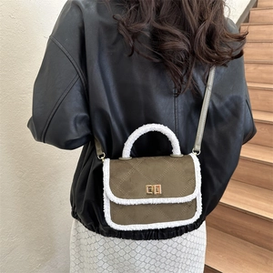 Quilted olive green mini square bag with white faux fur trim and gold twist lock