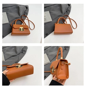 Detailed views of tan leather handbag showing metal turn-lock and various angles