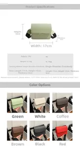 Detailed size specifications and color options for the stylish PU leather square bag