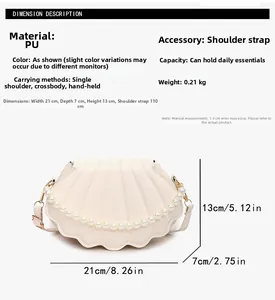 Detailed size chart for shell-shaped crossbody bag with pearl handle and PU leather
