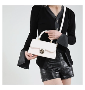 Close-up of white rectangular crossbody bag with golden round metal lock and top handle