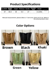 Detailed size chart and multi-color options for lightweight embroidery canvas tote bag