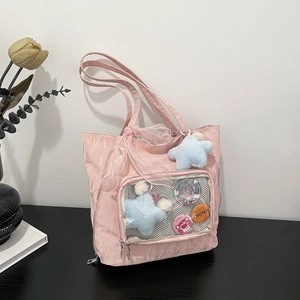 Large Capacity Transparent Ita Bag Women PU Leather Tote Bag Japanese Harajuku Style Shoulder Bag With Plush Star Pendant Girls Bag