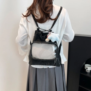 Japanese style black nylonita backpack with clear front pocket and star plush charm