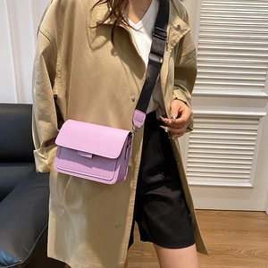 Lilac textured leather square crossbody bag with wide black strap for women
