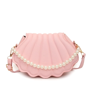 Pink shell-shaped crossbody bag with decorative pearl handle and gold-tone hardware
