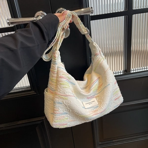 Women Large Capacity Canvas Shoulder Bag Colorful Wave Embroidery Jacquard Fabric Casual Crossbody Bag For Daily Travel