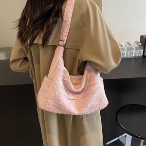 Pink large capacity canvas crossbody bag with colorful embroidery and textured fabric