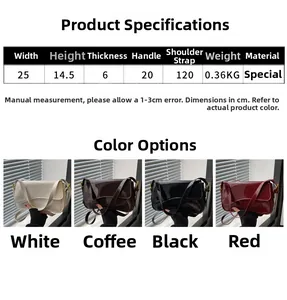 Detailed size chart and four-color display for glossy shoulder bag with specifications
