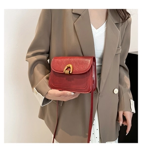Detailed view of a vintage red shoulder bag with golden horseshoe buckle and wax texture