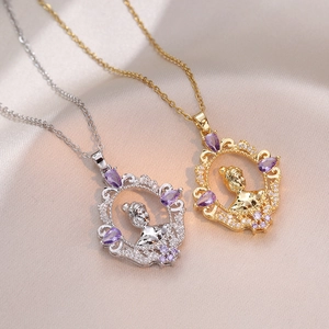 Collier Pendentif Français Rétro Acier Inoxydable Creux Cameo Relief Portrait Zircon Violet Style Baroque Bijoux Femme