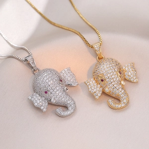 Elephant Head Pendant Necklace Stainless Steel Sparkling Cubic Zirconia Animal Style Hip Hop Jewelry For Women